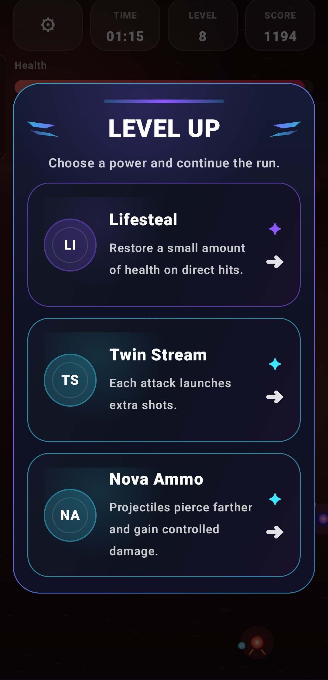 Nova Survival level up screen